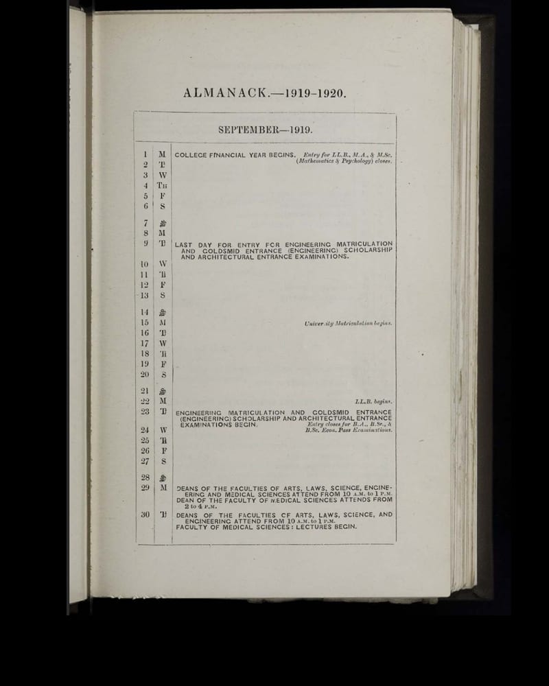 UCL Calendar for 1919-20